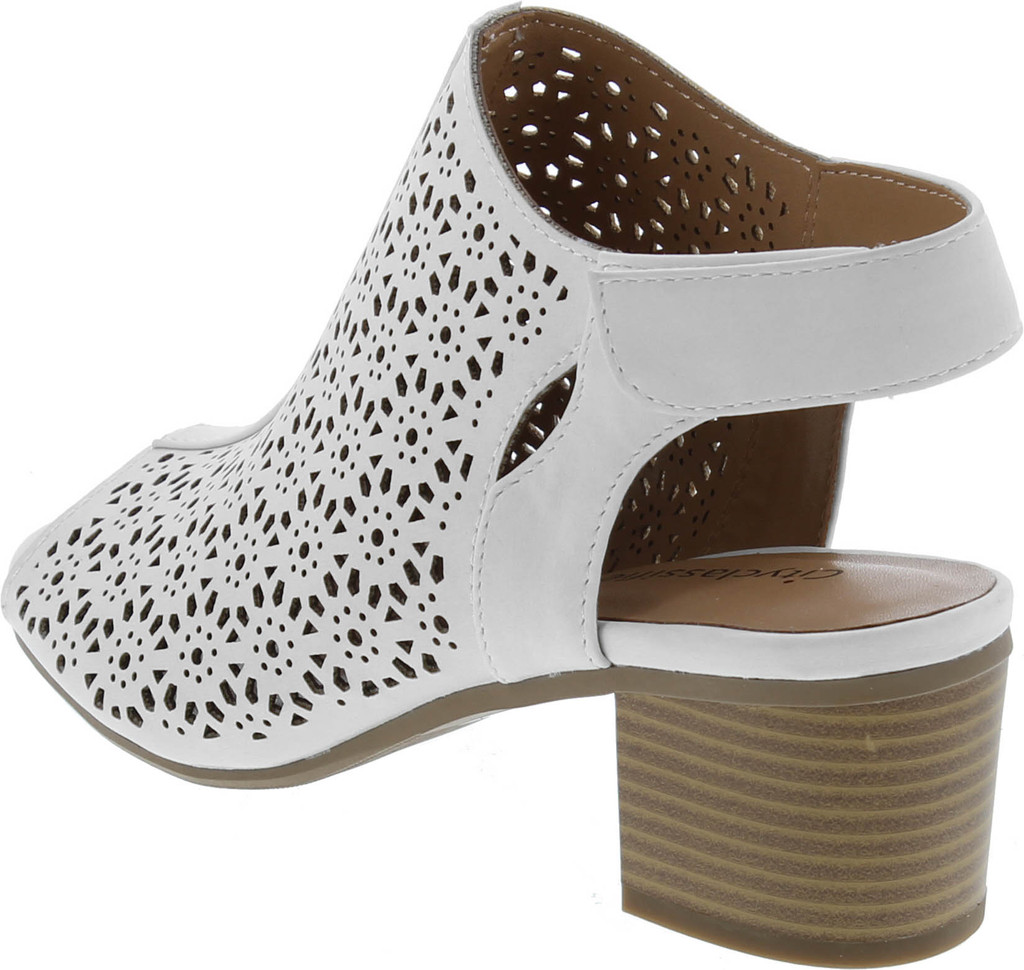 City Classified Footwear Women's Elect Caged Geometric Laser Cut Out Peep Toe Slingback Chunky Stacked Heel Ankle Bootie