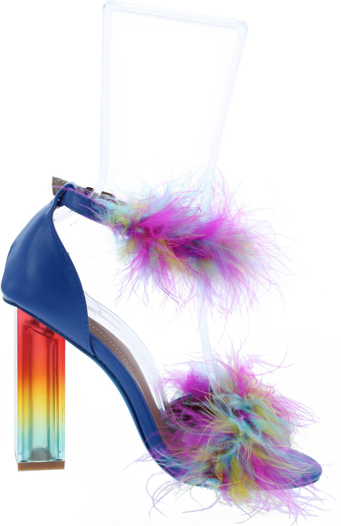 Cape Robbin Antisocial Sexy Chunky Block High Heels For Women Transparent Strappy Open Toe Shoes Heels With Feathers