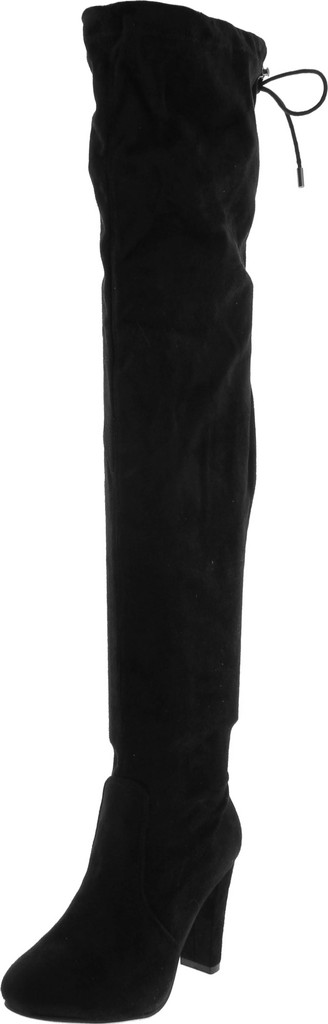 Nature Breeze Womens Stretchy Thigh High Pull String Chunk Heel Combat Boots
