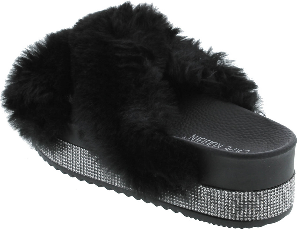 Cape Robbin Spotty Furry Faux Fur Slides Slippers Platform Strappy Rhinestone Sandals For Women