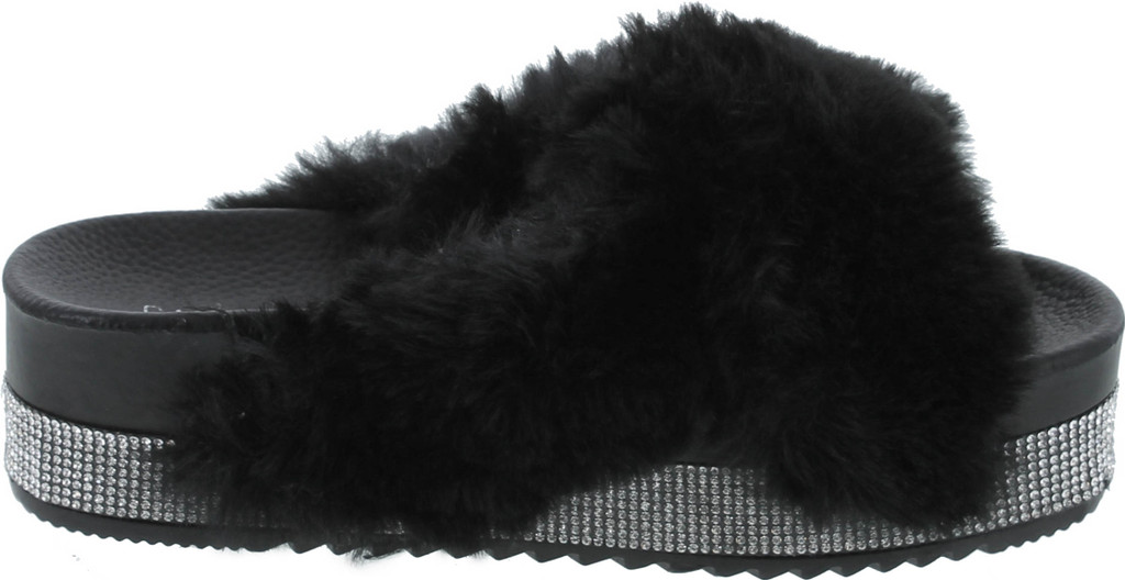 Cape Robbin Spotty Furry Faux Fur Slides Slippers Platform Strappy Rhinestone Sandals For Women