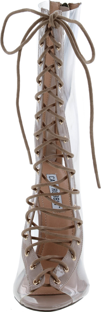 Cape Robbin Bailey-1 Open Toe Block Chunky Clear Perspex Heel Lace Up Ankle Boot Bootie Nude