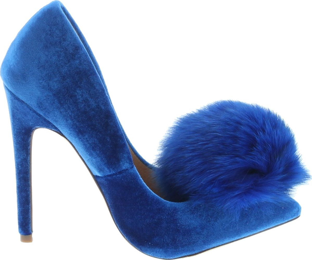 Liliana Affair Velvet Pointy Toe Stiletto High Heel Fur Pom Slip On Pump Slide Shoe Blue