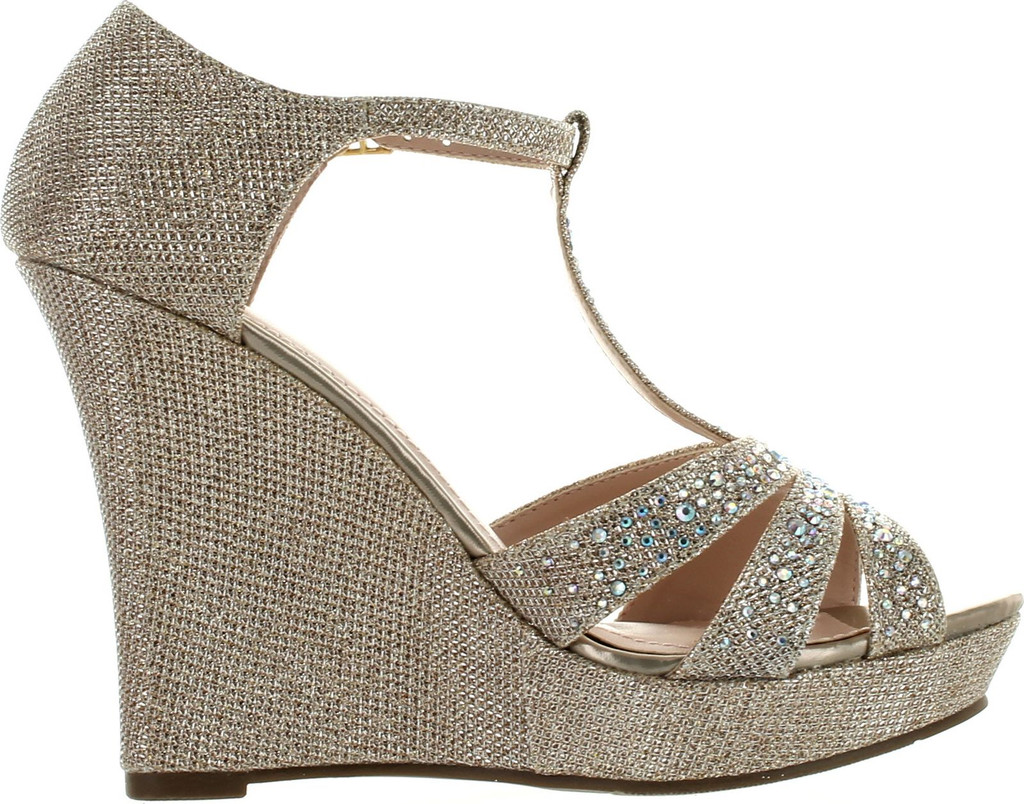 Deblossom Womens Dressy Glitter Rhinestone T Strap Platform Wedge Sandal Aalle-2