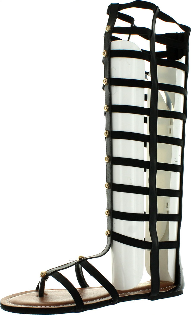 Wild Rose Odelia04 Women Leatherette Open Toe Studded Knee High Gladiator Sandal - Black