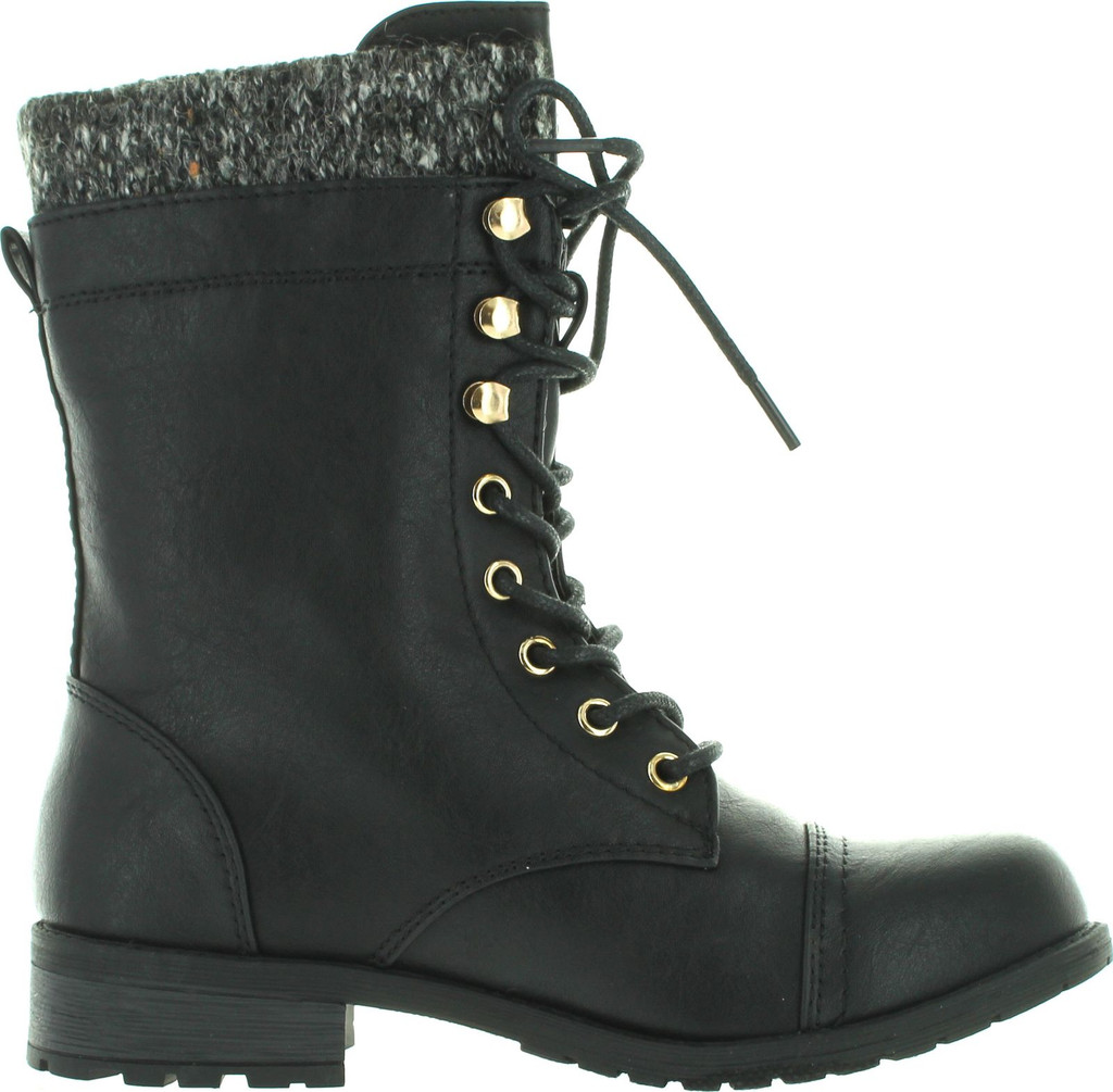 Forever Link Womens Mango-31 Round Toe Military Lace Up Knit Ankle Cuff Low Heel Combat Boots