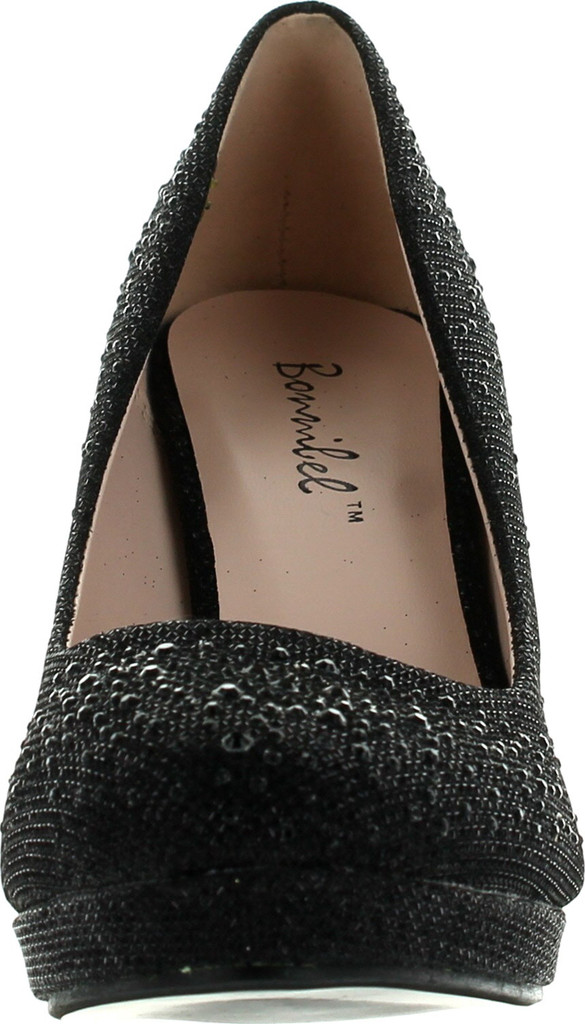 Bonnibel Olga-7 Round Toe Glitter Mesh Rhinestone Studded Low Platform Pump Heels