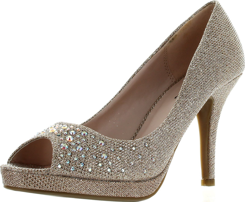 Bonnibel Olga-7 Round Toe Glitter Mesh Rhinestone Studded Low Platform Pump Heels