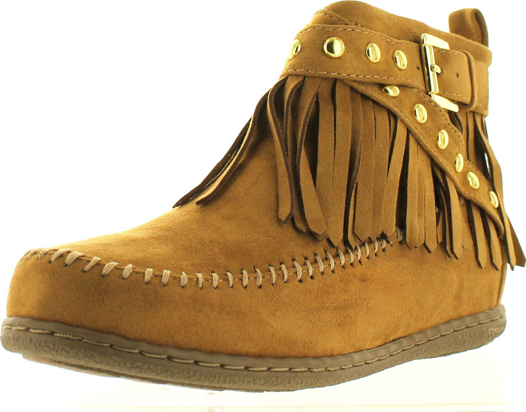 Soda Women's Dahlia Faux Suede Moccasin Fringe Wedge Ankle Booties