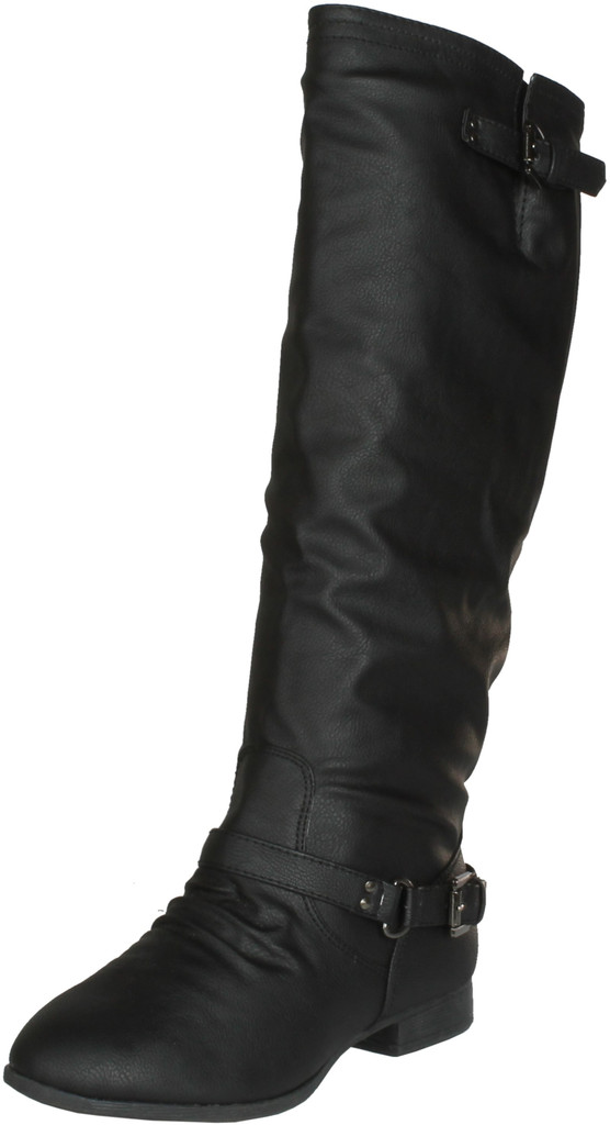 Top Moda Womens Coco-20 Knee High Round Toe Buckle Slouched Riding Flat Boots