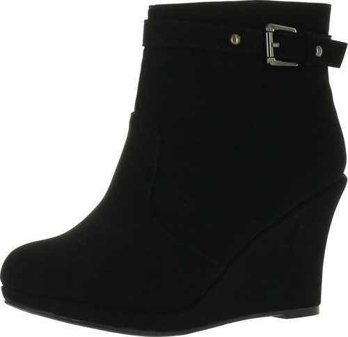 Top Moda Cotton-15 Women's Ankle High Top Stud Buckled Strap Side Zipper Platform Wedge Nubuck Booties