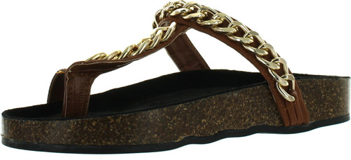 Wild Rose Womens Candice-06 Toe Strap Chained Slip On Footbed Flat Platform Sandals