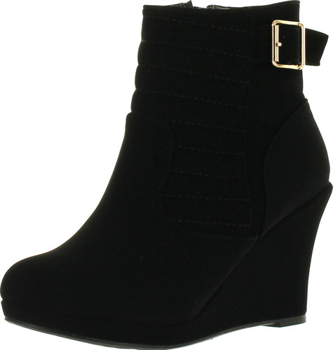 Top Moda Cotton 16 Womens Buckle Wedge Ankle Booties Black