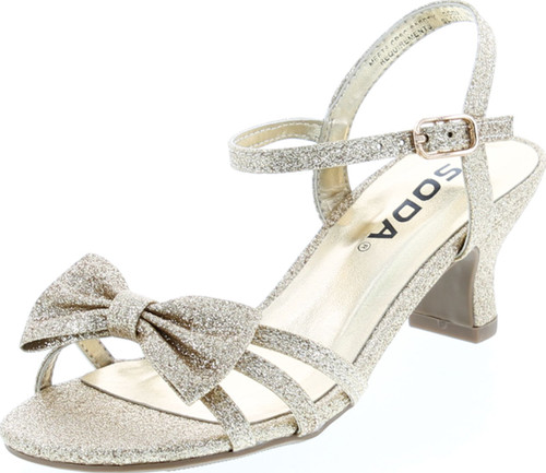 Soda Girls Girly-2 Metallic Glitter Open Toe Bow Slingback Small Block Heel Sandals