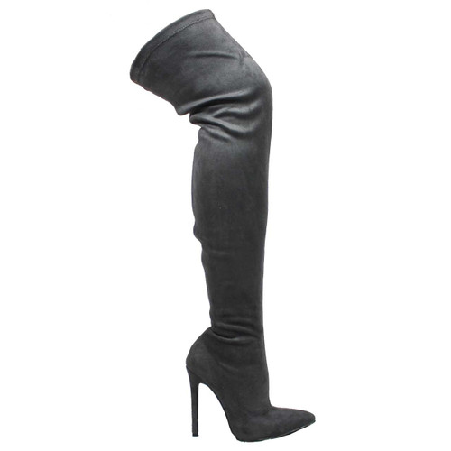 Ll Gisele-7 Thigh High Stretchy Suede Material Pointy Toe Stiletto Heel Boots Black