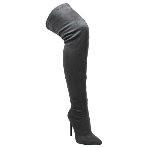 Ll Gisele-7 Thigh High Stretchy Suede Material Pointy Toe Stiletto Heel Boots Black