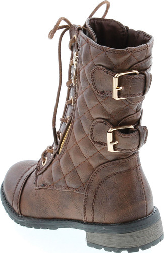 Link Girls Mango-79 Kids Combat Lace Up Quilted Dual Buckle Zip Decor Mid Calf Motorcycle Boots