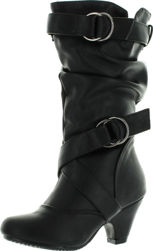 Link Pauline-39K Jr Girls Slouch Buckle High Heel Mid Calf Boots