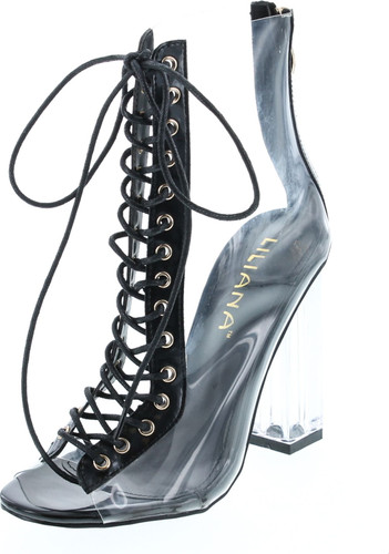 Clear Translucent Transparent Lace Up Peep Toe Ankle Bootie W Perspex Block Heel
