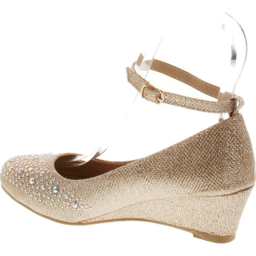 Top Moda Women's Wedge Glitter Rhinestone Round Toe Adjustable Ankle Strap Shoes