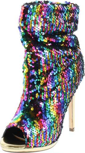 Liliana Maxim-12 Multi Color Sequins Peep Toe High Heel Above Ankle Bootie