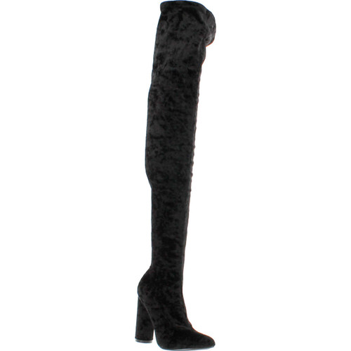 Cape Robbin Paw-27 Crushed Velvet Stretchy Pointy Toe Thigh High Over Knee Block Heel Boot Black