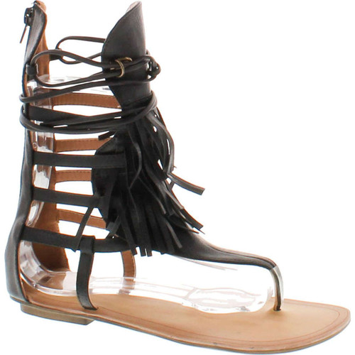 Liliana Avis-4 Women's Flat Lace Up 3 Layers Fringe Flip Flop Gladiator Sandal