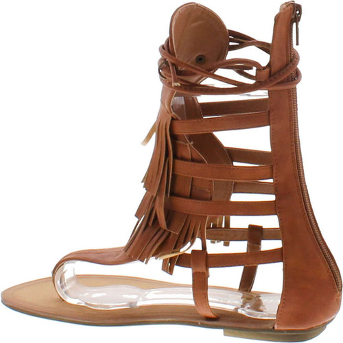 Liliana Avis-4 Women's Flat Lace Up 3 Layers Fringe Flip Flop Gladiator Sandal