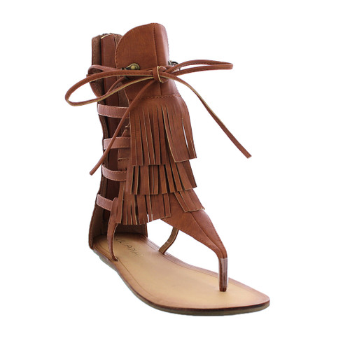Liliana Avis-4 Women's Flat Lace Up 3 Layers Fringe Flip Flop Gladiator Sandal