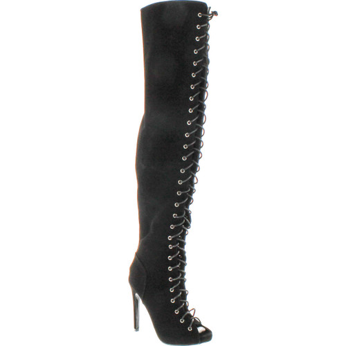 Cr Olga Thigh High Open Toe Stiletto Heel Lace Up Full Zipper Boots Nubuck