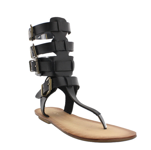 Liliana Avis-3 Women Leatherette Strappy T-Strap Gladiator Thong Sandal - Black