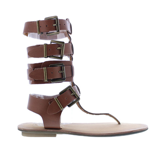 Liliana Avis-3 Women Leatherette Strappy T-Strap Gladiator Thong Sandal - Cognac