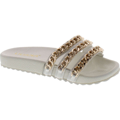 Liliana Nomi-2 Women Flip Flop Gold Chain Link Slide Slip On Flat Sandal Shoe Slipper White
