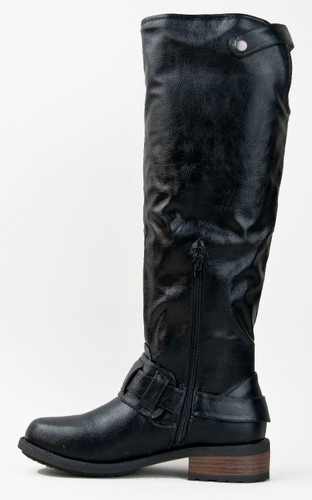 Qupid Relax-39 Basic Casual Knee High Stacked Heel Buckle Riding Boot