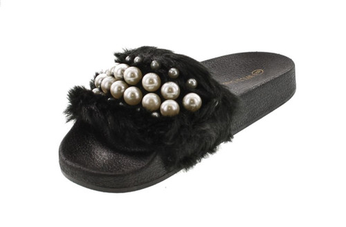 Wild Diva Women's Matty-04A Embellished Pearl Faux Fur Platform Wedge Slide Sandal