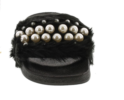 Wild Diva Women's Matty-04A Embellished Pearl Faux Fur Platform Wedge Slide Sandal