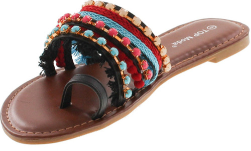 Top Moda Women's Flat Bohemian Tribal Style Sandal With Fringe And Faux Stones