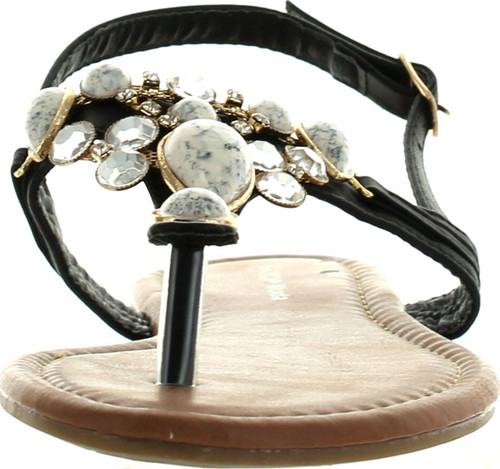 Top Moda Cb-6 Womens T-Strap Slim Strap Gemstone Buckle Flats Sandals