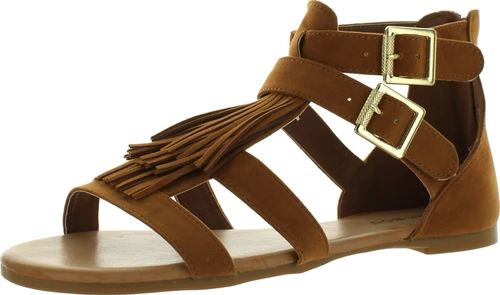 Bamboo Womens Dino-52 Strappy Fringe Flat Sandals