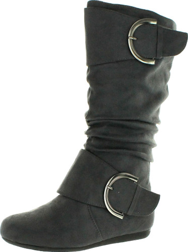 Top Moda Womens Bank-81 Mid Calf Round Toe Buckle Slouched Flat Boots