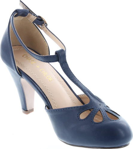 Static Footwear Kimmy-36 Women's Teardrop Cut Out T-Strap Mid Heel Dress Pumps