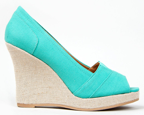 Qupid Talen-265 Peep Toe Canvas Wedge Heel Sandals