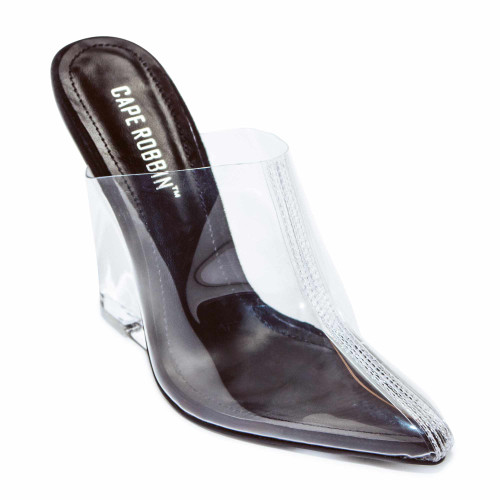 Cape Robbin Women's Sugar Transparent Lucite Clear Wedge Heel Pvc Closed Toe Slip On Mules
