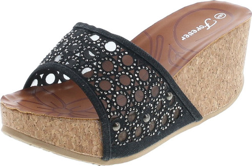 Forever Womens Cork Wedge Open Toe Rhinestone Embellished Sandals