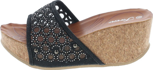 Forever Womens Cork Wedge Open Toe Rhinestone Embellished Sandals