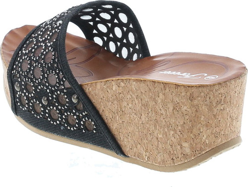 Forever Womens Cork Wedge Open Toe Rhinestone Embellished Sandals
