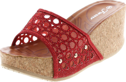 Forever Womens Cork Wedge Open Toe Rhinestone Embellished Sandals