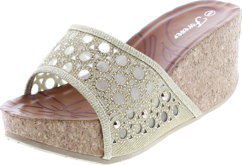 Forever Womens Cork Wedge Open Toe Rhinestone Embellished Sandals
