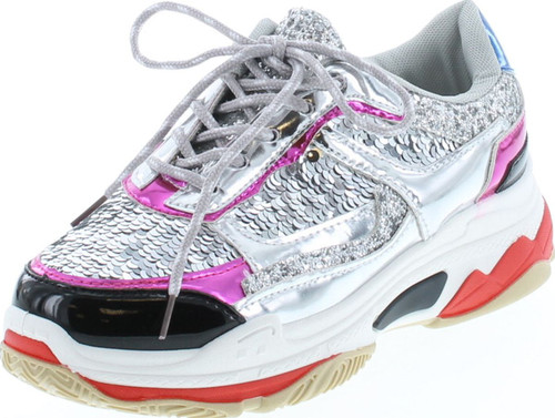Yoki Tubuler-04 Women's Chunky Trainer Sequin Lace Up Fashion Sneaker