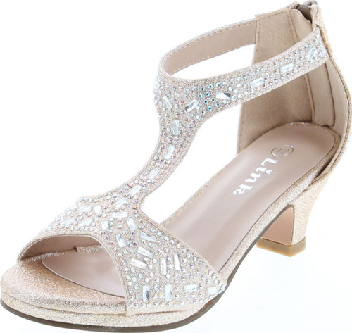 Link Excited-95K Girl's Glitter Rhinestone T-Strap Back Zipper Wrapped Heel Sandals
